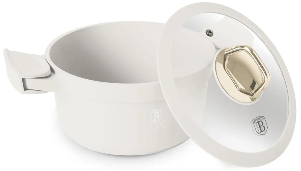 Oală cu capac 20 cm, 2.8L – Berlinger Haus Sahara Collection BH 7786, crem, cu mânere din silicon detașabile, strat titan antiaderent