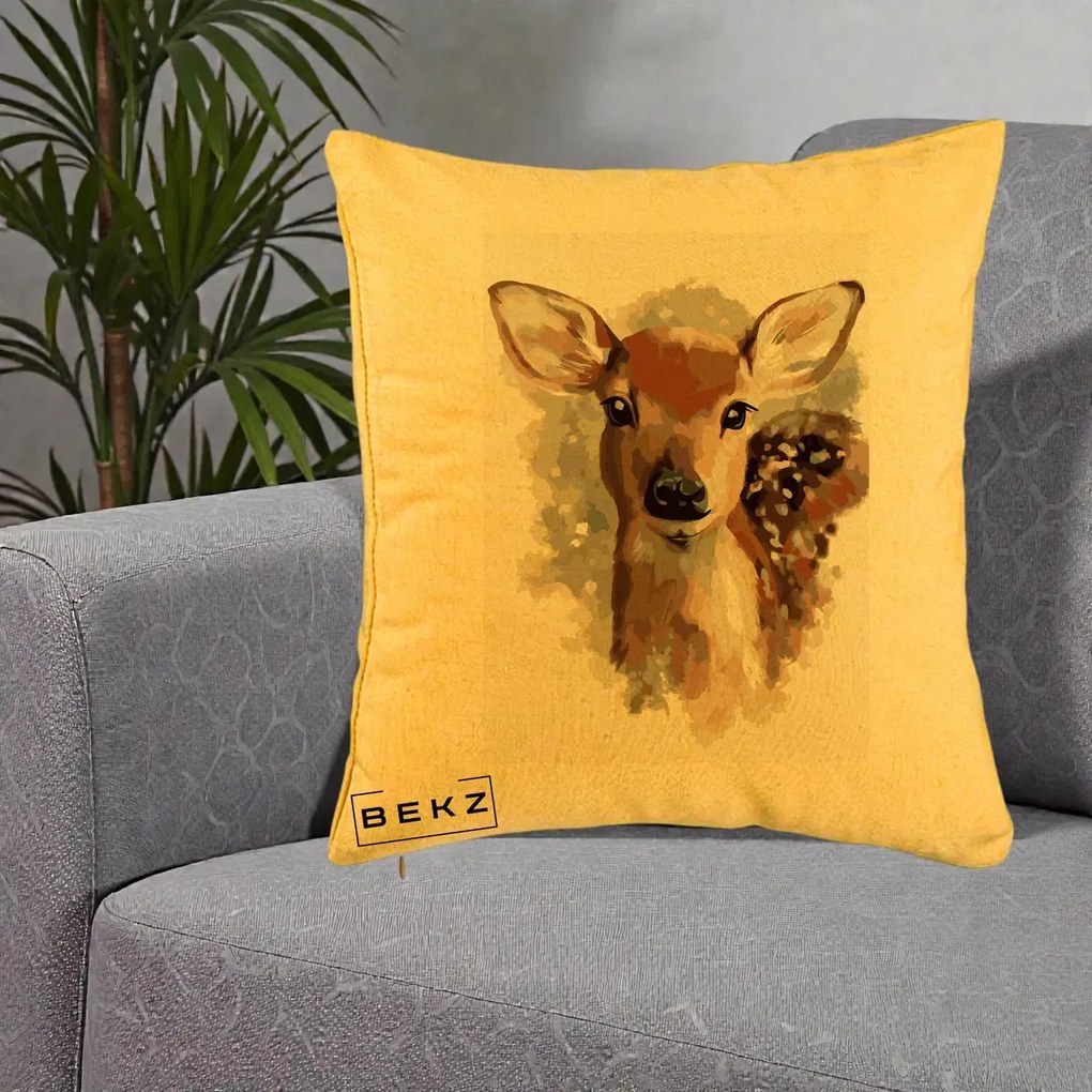 Perna Decorativa Caprioara Pui Acuarela, 40x40 cm, Galben, Husa Detasabila, Perna Inclusa, BEKZ®
