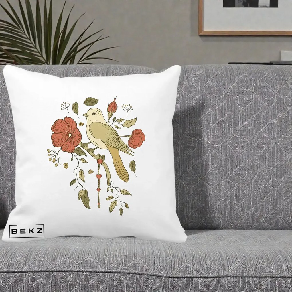 Perna Decorativa Pasare pe Ramura cu Maci, 40x40 cm, Alba Mata, Husa Detasabila, Perna Inclusa, BEKZ®