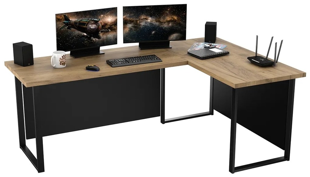 Birou Verin colt drept, 200 cm, pe bază de metal cu panouri - stejar auriu / negru