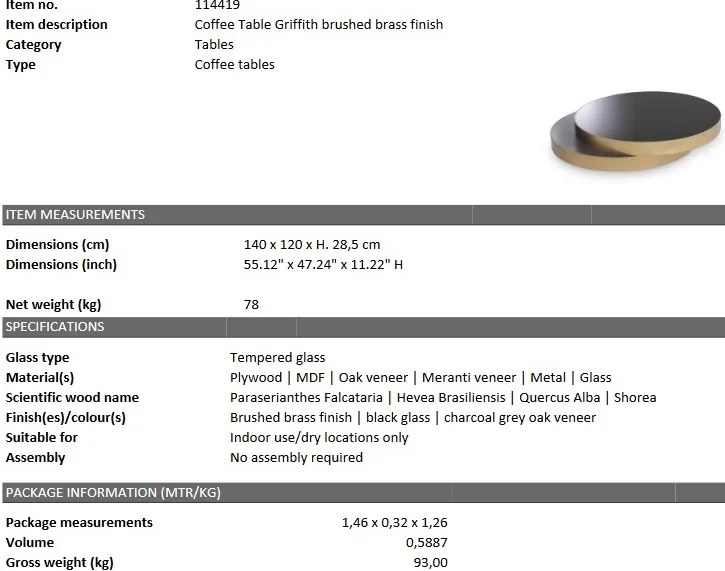 Masuta de cafea design LUX cu blat din sticla Griffith 114419 HZ