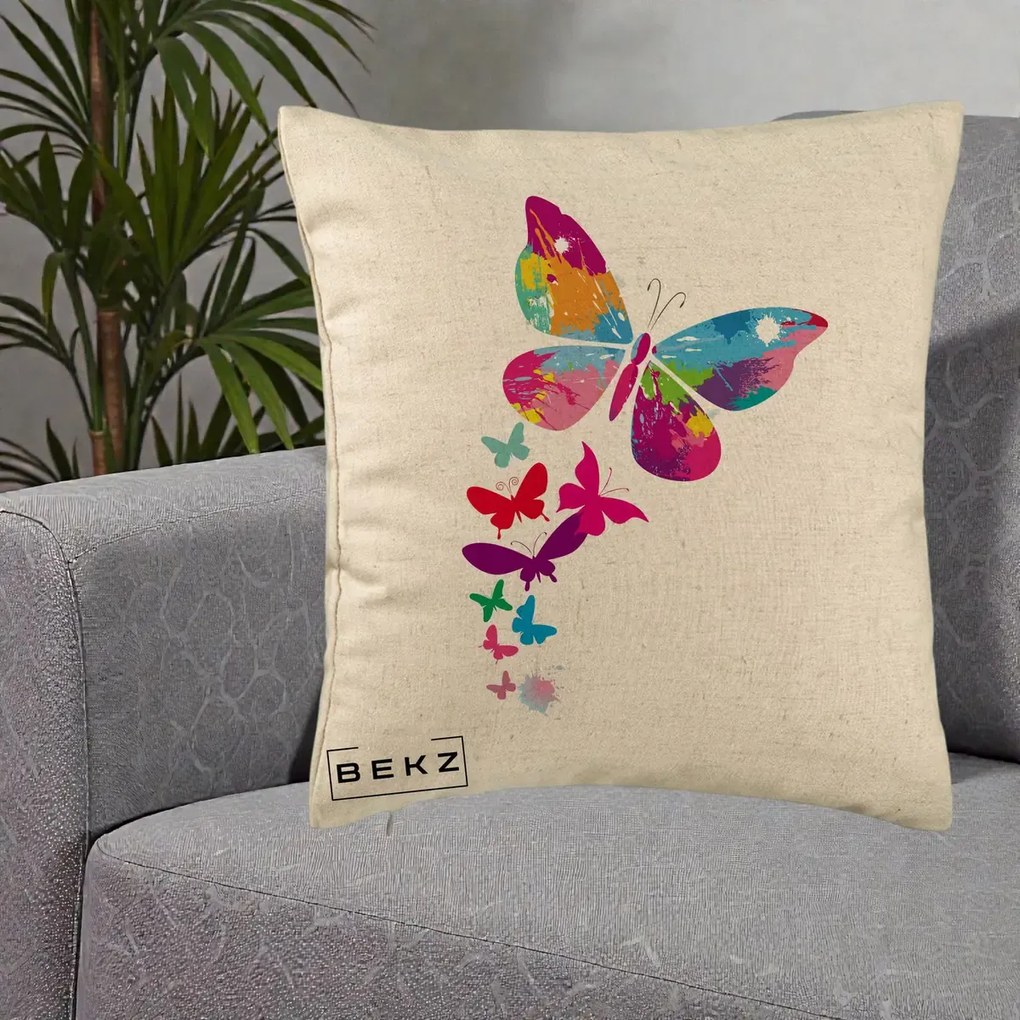Perna Decorativa Fluturi Splash, 40x40 cm, Bej, Husa Detasabila, Perna Inclusa, BEKZ®