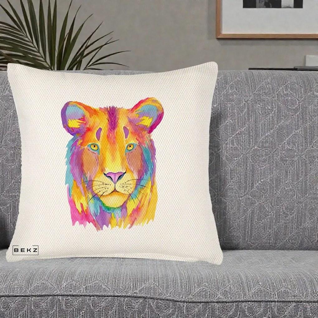 Perna Decorativa Leu Acuarela Curcubeu, 40x40 cm, Crem Reliefat, Husa Detasabila, Perna Inclusa, BEKZ®