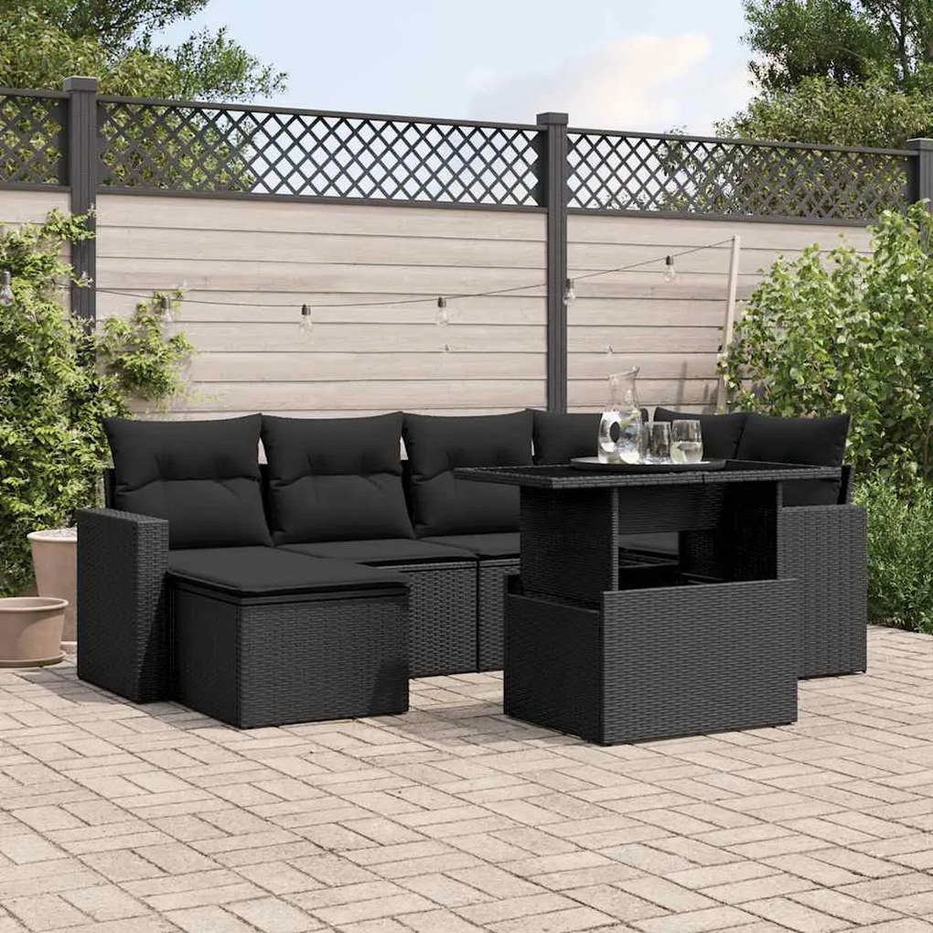 vidaXL Set canapele de grădină cu perne, 7 piese, negru, poliratan