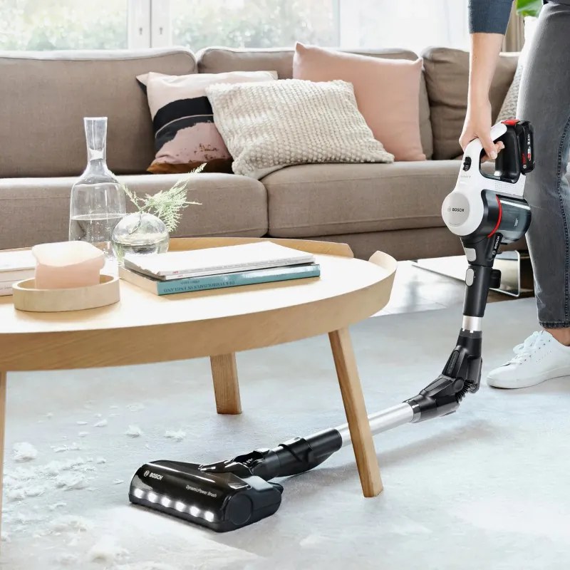 Aspirator vertical Bosch Unlimited 7 BBS711W, 300 ml, Motor TurboSpin, Lumini LED, Autonomie 40 min, Alb/Negru