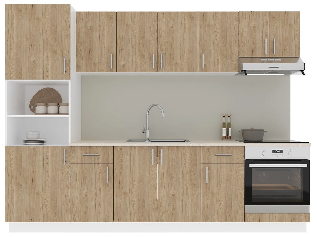 Set Bucatarie Karo V24, Lemn Natural/Alb, Blat Thermo 28 mm, L 280 cm