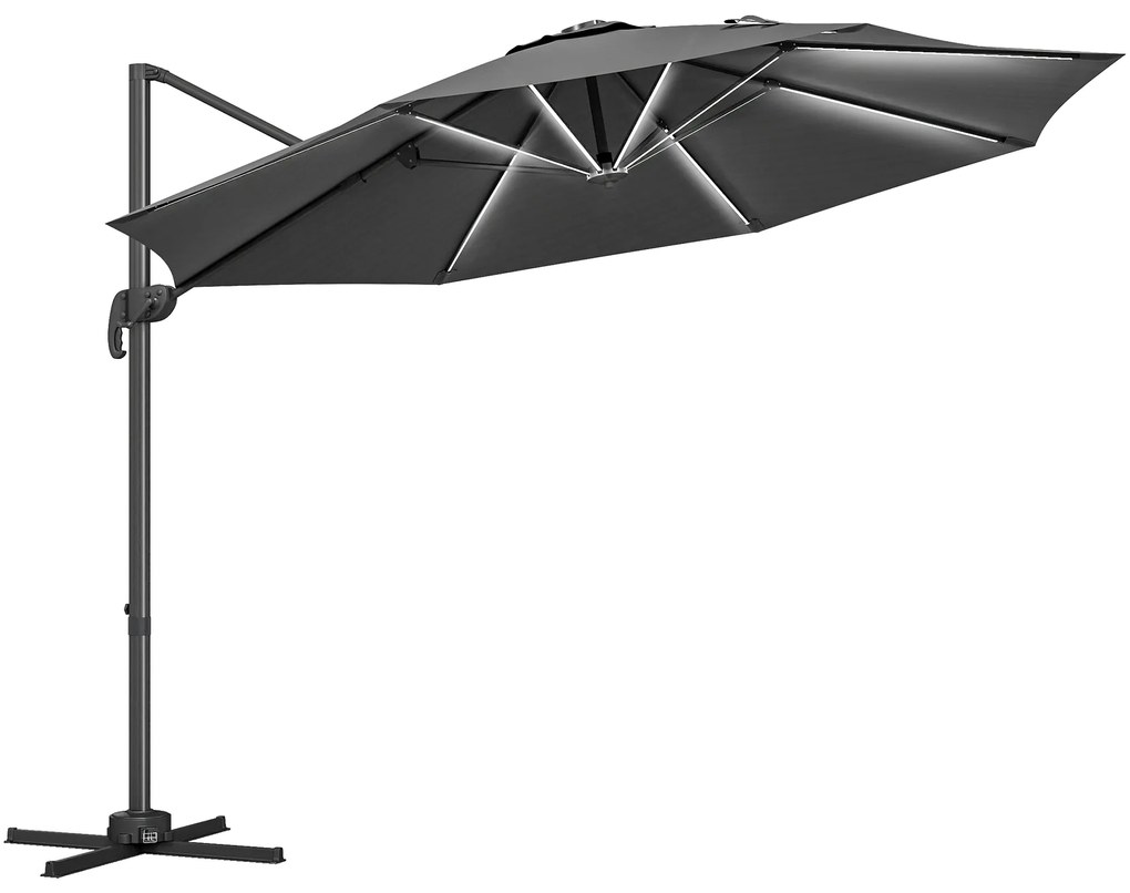 Outsunny Umbrelă de Soare Exterioară cu Lumini LED și Unghi Reglabil, Umbrelă de Grădină din Aluminiu și Poliester, Ø3x2.5 m, Gri | Aosom Romania