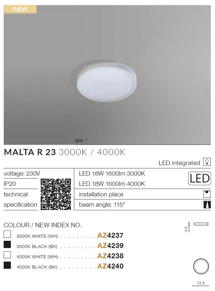 Mini Plafoniera LED design slim MALTA R 23 3000K alba
