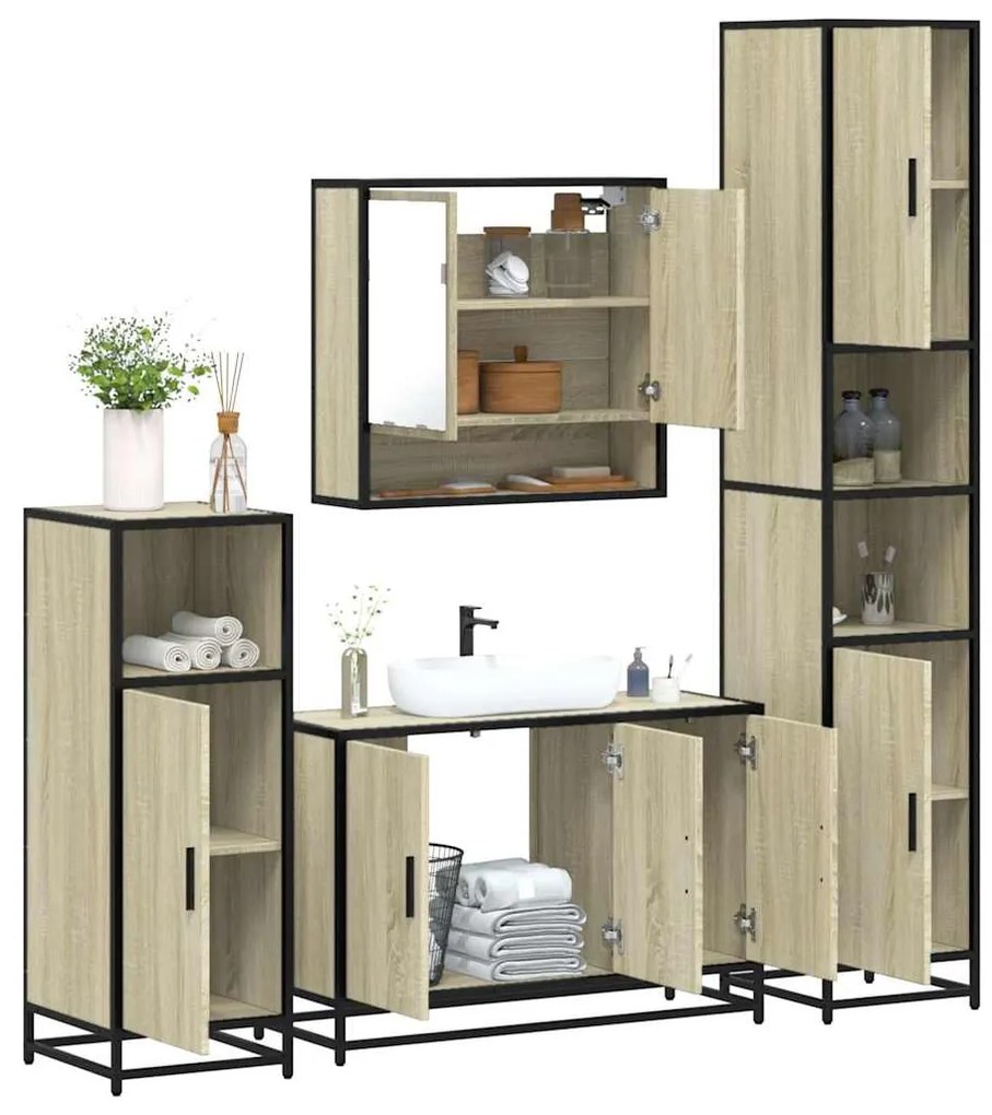 vidaXL Set de mobilier de baie din 4 piese din lemn de stejar Sonoma