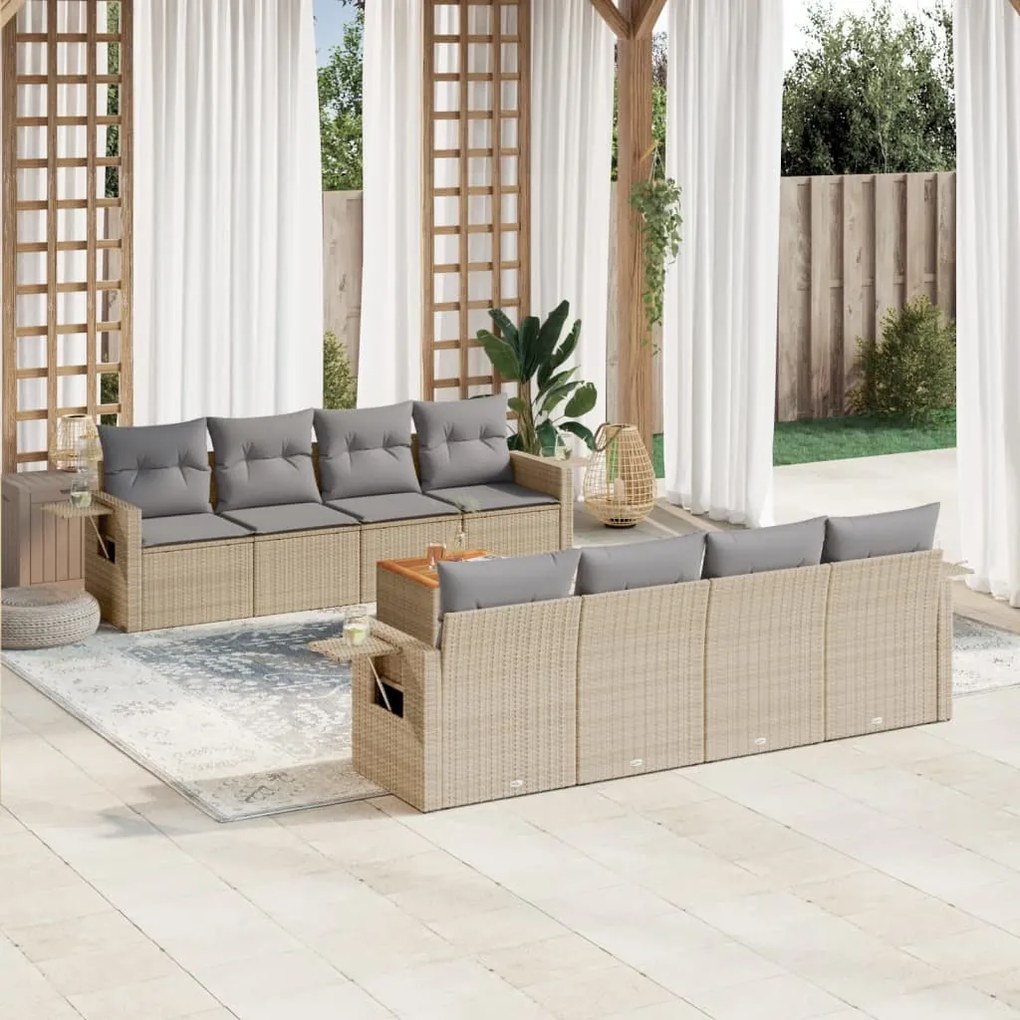 vidaXL Set canapele de grădină, 9 piese, cu perne, bej, poliratan