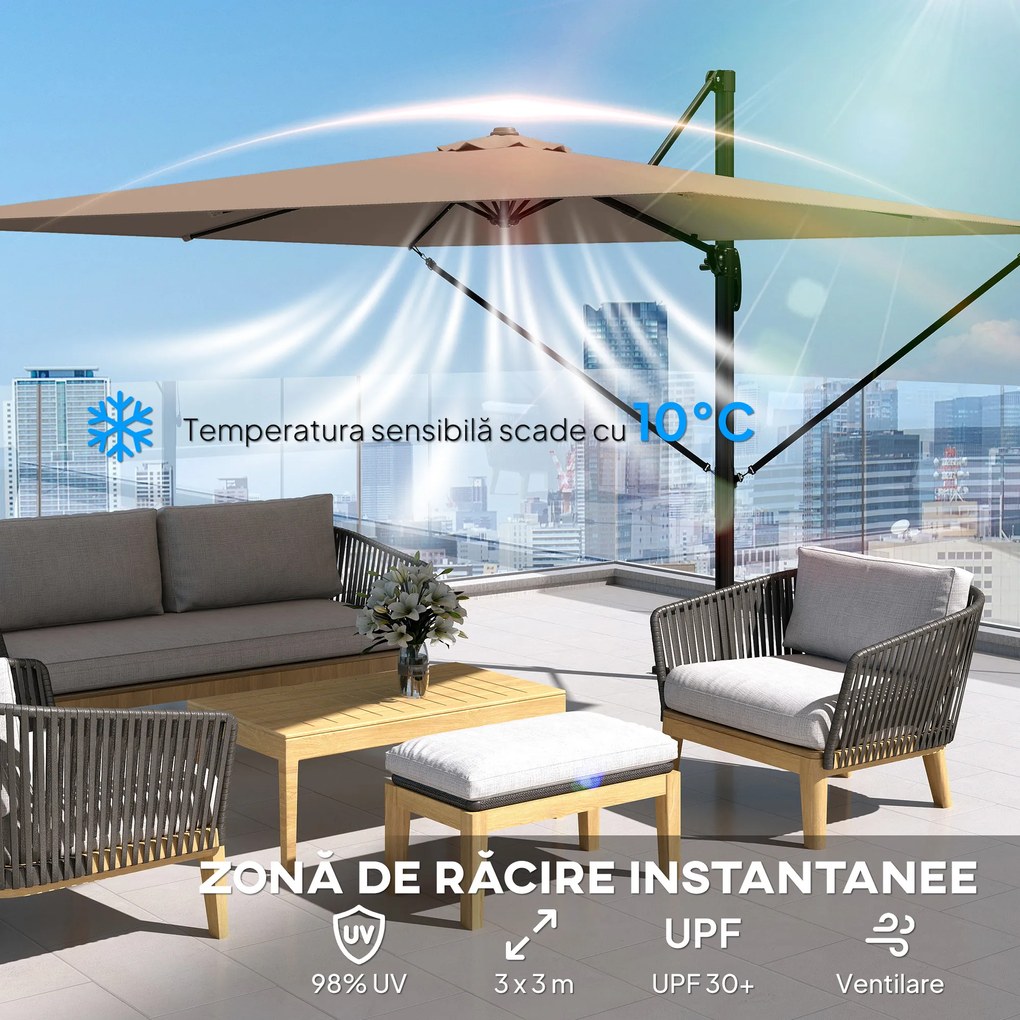 Outsunny Umbrelă de Grădină Offset cu Manivelă 3x3m Inclinabilă, Rotativă 360°, cu Bază în Cruce și Husă, din Aluminiu, pentru Terasă Piscină, UV30+, Bej | Aosom Romania