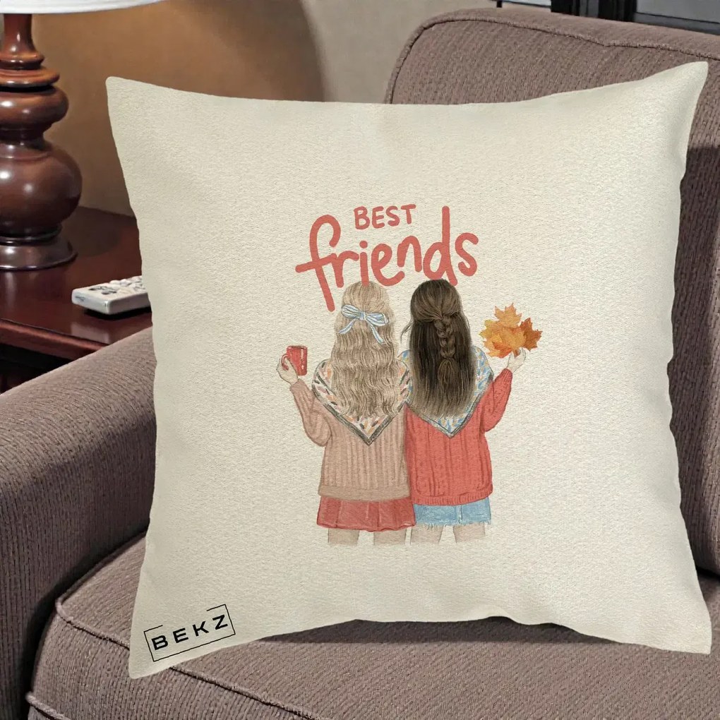 Cadou pentru Prieteni - Perna Personalizata Best Friends Toamna, 40x40 cm, Ecru, Husa Detasabila, Perna Inclusa, BEKZ®