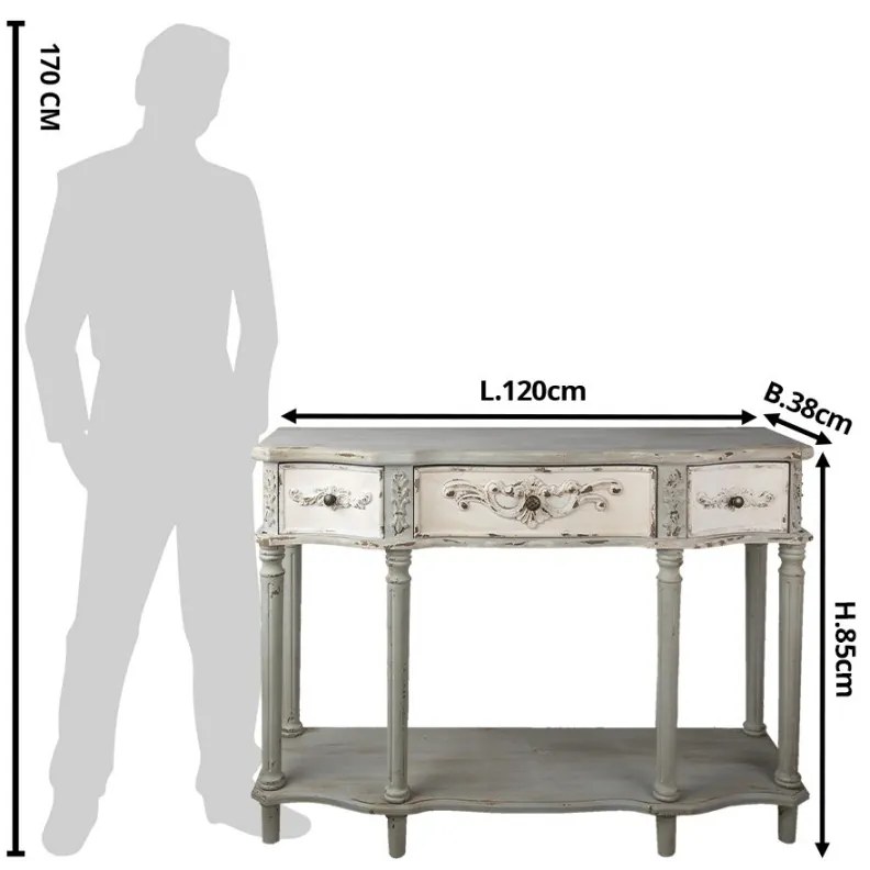 Consolă shabby chic, cu finisaj gri antichizat și 3 sertare, Jacinthe