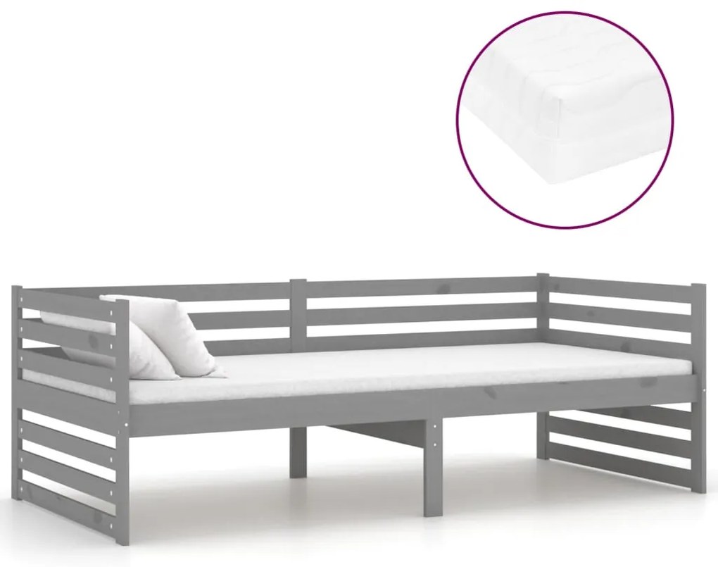 3083641 vidaXL Pat de zi cu saltea, gri, 90x200 cm, lemn masiv de pin