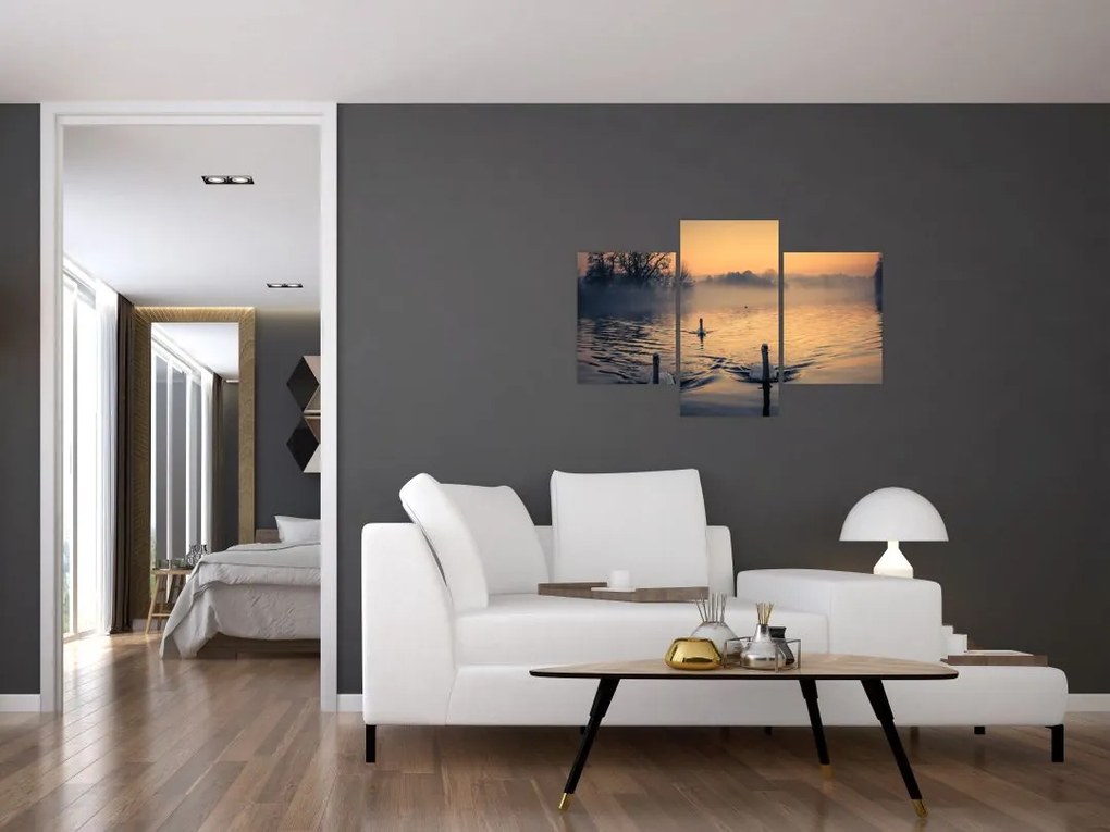 Tablou cu lebăde pe apă în ceață (90x60 cm)