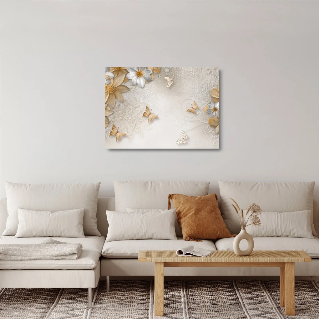 Tablou pe sticlă - Flori cu fluturi (70x50 cm)