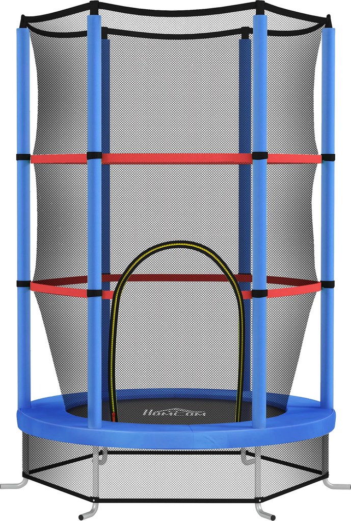 HOMCOM Saltea Elastică pentru Copii 3-6 Ani cu Plasă de Protecție, 6 Stâlpi și 3 Intrări, Ø140x190 cm, Albastru | Aosom Romania