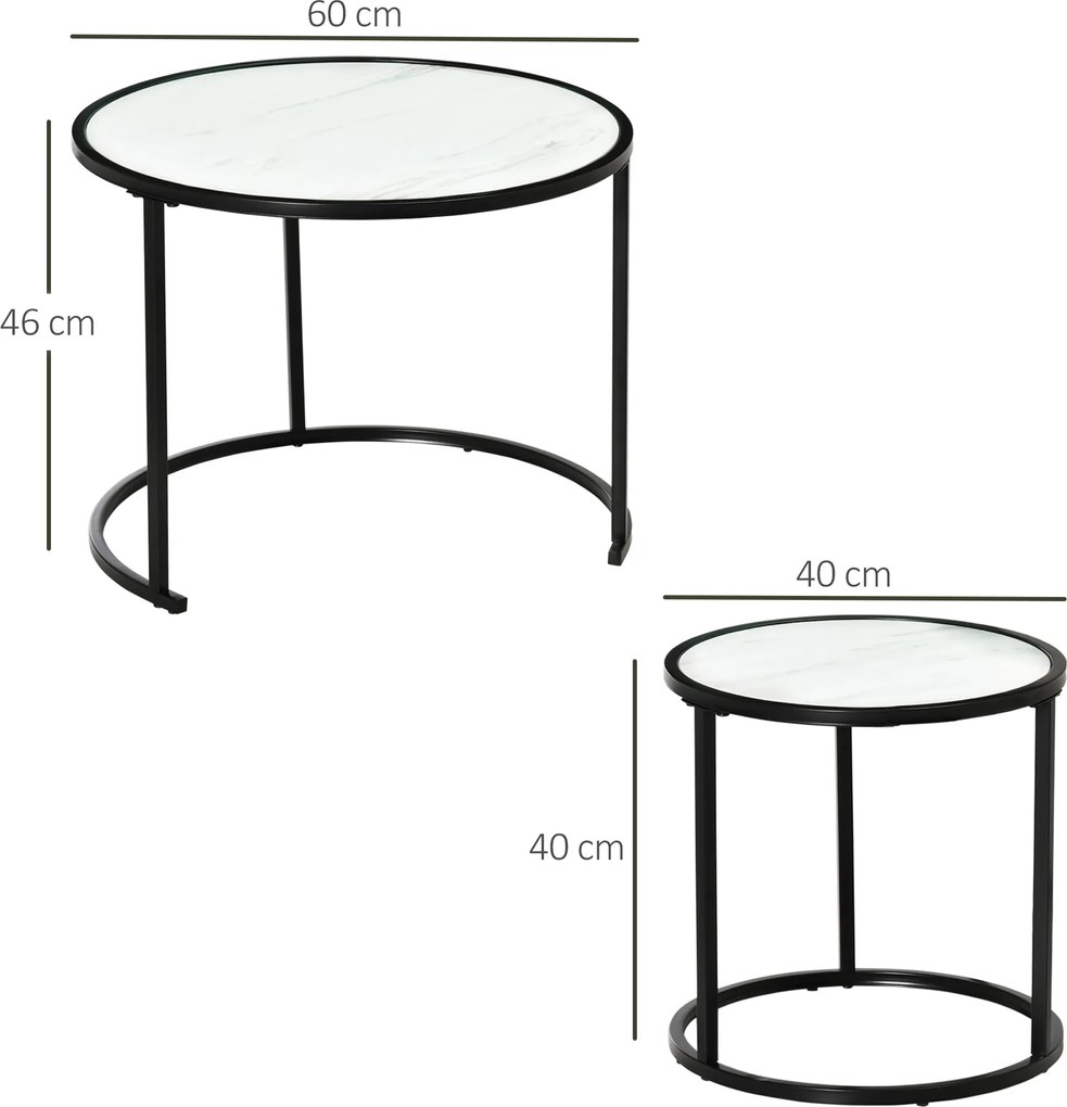 HOMCOM Lot de 2 Mese de Cafea Rotunde telescopice empilabile Blat din lemn aspect marmură și Picior metalic negru | Aosom Romania