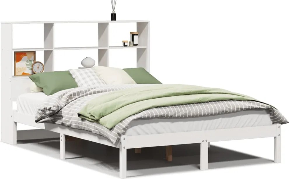 vidaXL Pat cu bibliotecă fără saltea, alb, 140x200 cm, lemn masiv pin
