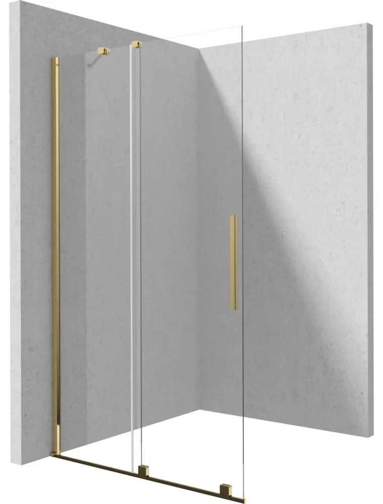 Set paravan dus walk-in cu usa glisanta, 90x195 cm, auriu lucios, Deante Prizma, rigola cu capac faiantabil reversibil din otel si coloana de dus crom