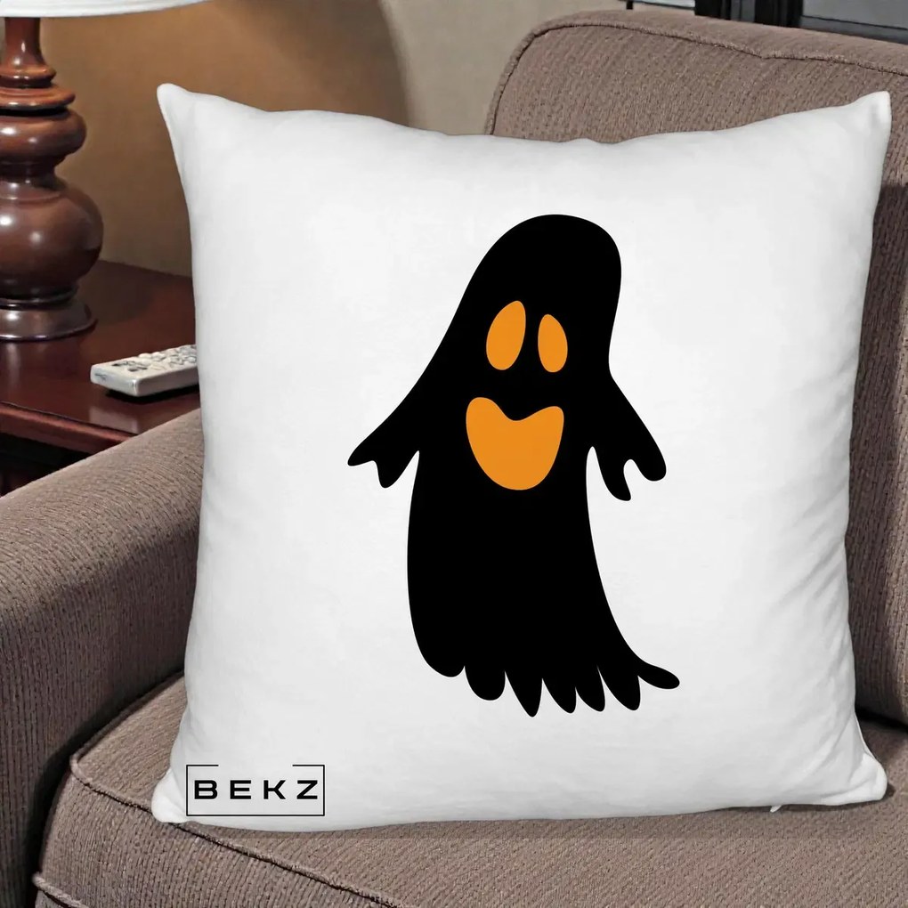 Perna Decorativa Halloween Fantoma Neagra cu Ochi Portocalii, 40x40 cm, Alb Pufos, Husa Detasabila, Perna Inclusa, BEKZ®