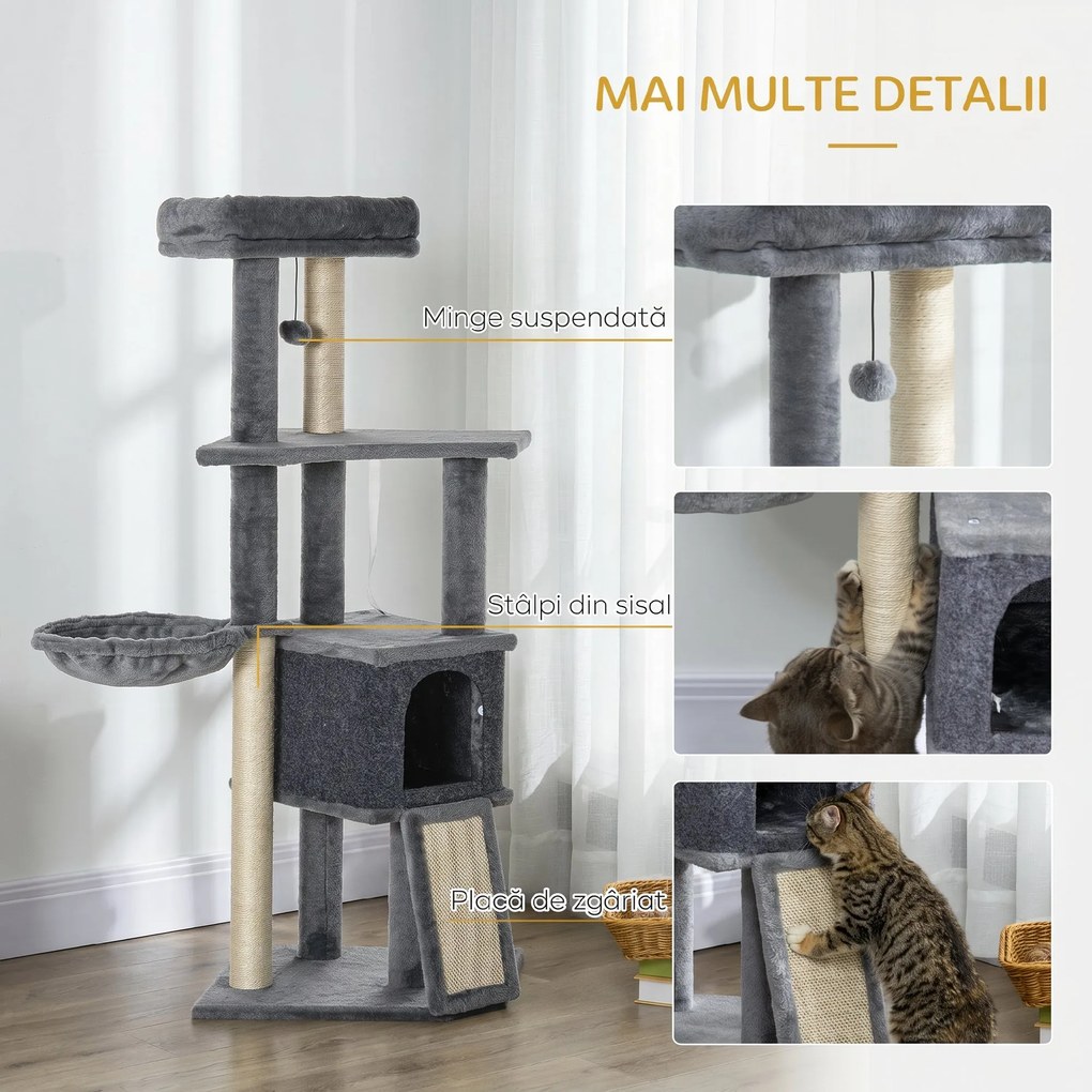 PawHut Ansamblu Zgâriat Pisici cu Stâlpi Sisal, Căsuță, Hamac, Platforme, 127 cm, PAL și Pluș, Gri | Aosom Romania