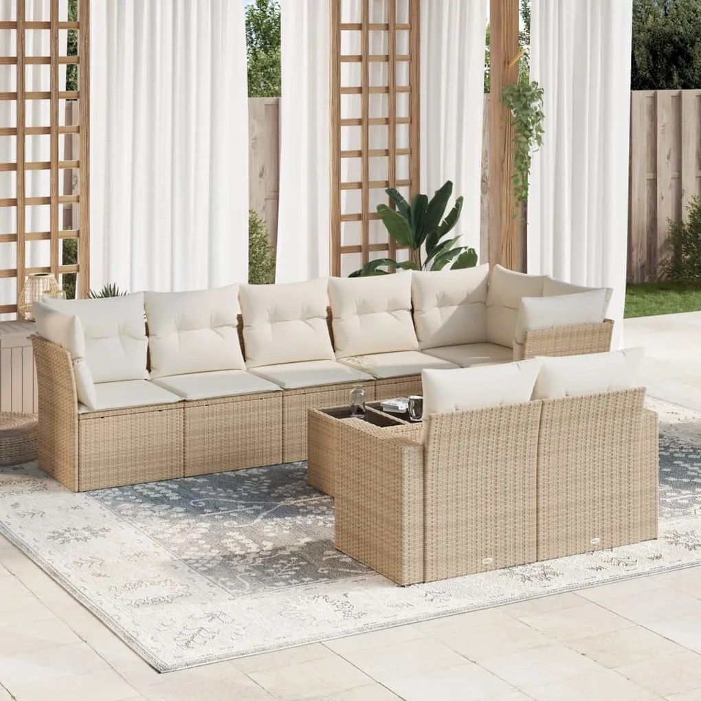 vidaXL Set canapele de grădină, 9 piese, cu perne, bej, poliratan
