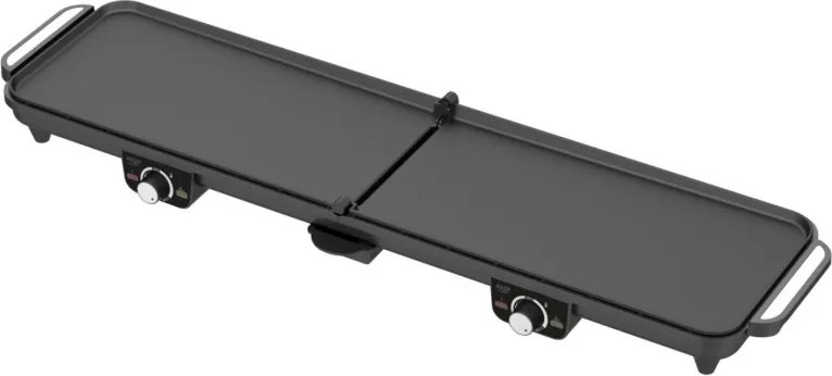 Grătar electric dublu pliabil Adler AD 6617, 3000 W, deschidere la 180°, 96 x 26 cm, plăci antiaderente, 2 termostate, tavă pentru grăsime, negru