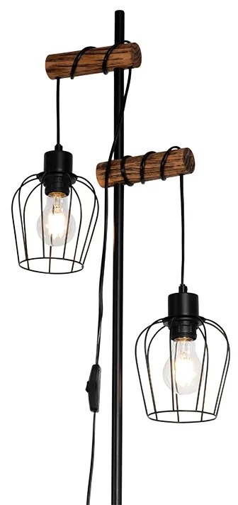 Lampă de podea rustică neagră cu lemn 2 lumini - Stronk