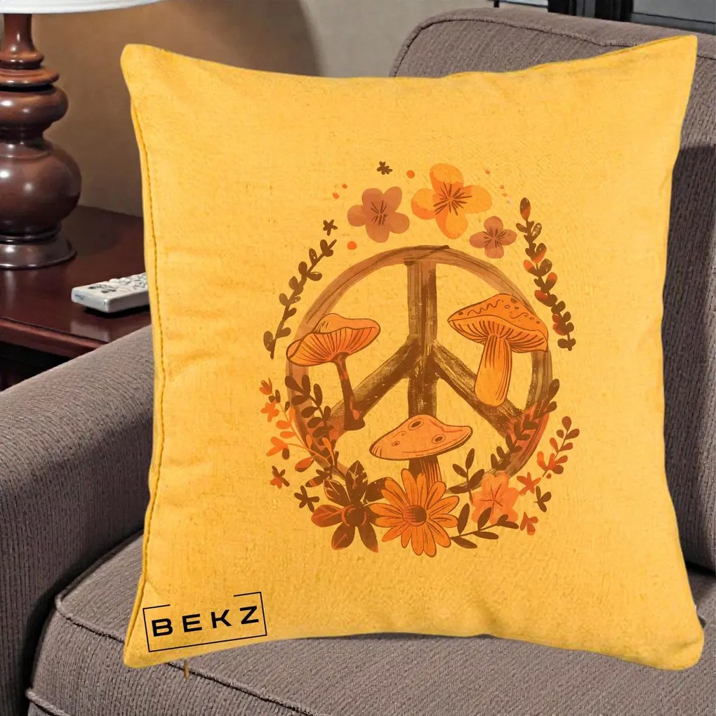 Perna Decorativa Peace Sign Ciuperci Floral, 40x40 cm, Galben, Husa Detasabila, Perna Inclusa, BEKZ®
