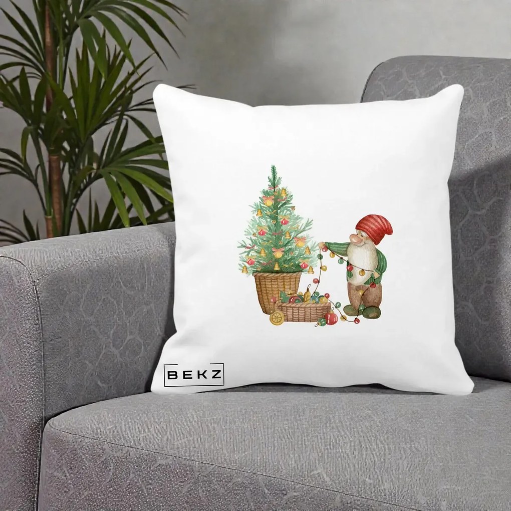 Perna Decorativa Pitic de Craciun cu Brad, 40x40 cm, Alba Mata, Husa Detasabila, Perna Inclusa, BEKZ®