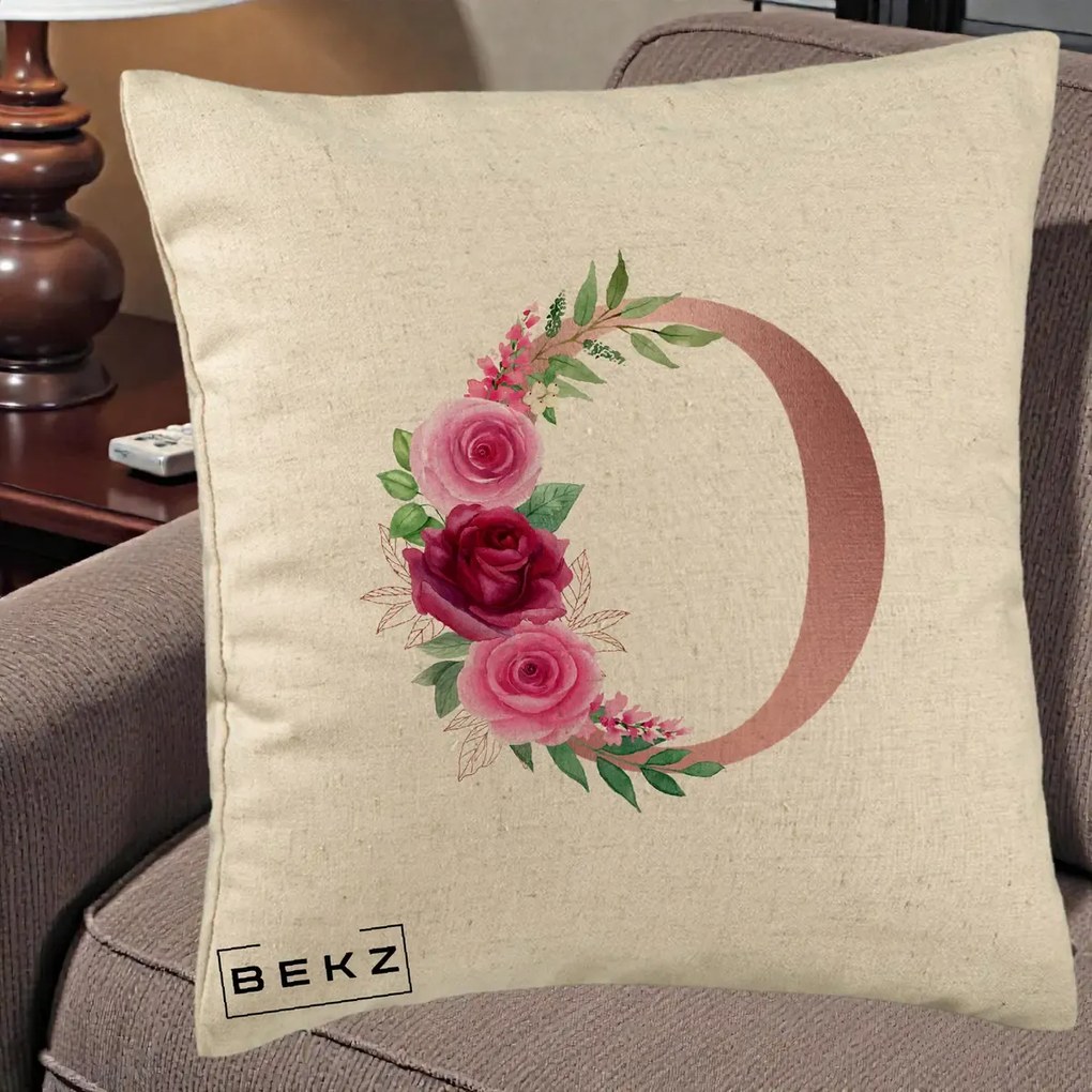 Cadou Personalizat - Perna Personalizata Monograma Rose Gold Litera O, 40x40 cm, Bej, Husa Detasabila, Perna Inclusa, BEKZ®