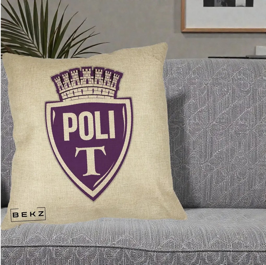Perna Personalizata Poli Timisoara Fotbal, 40x40 cm, Crem, Husa Detasabila, Perna Inclusa, BEKZ®