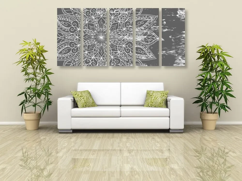 Tablou 5-piese textură de Mandala în design alb-negru