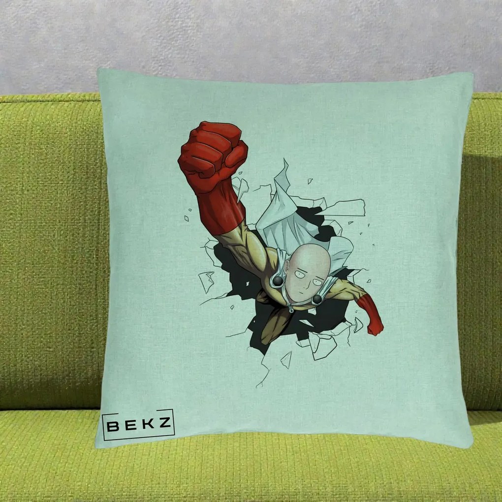 Perna Personalizata One Punch Man Saitama Pumn, 40x40 cm, Verde Menta, Husa Detasabila, Perna Inclusa, BEKZ®