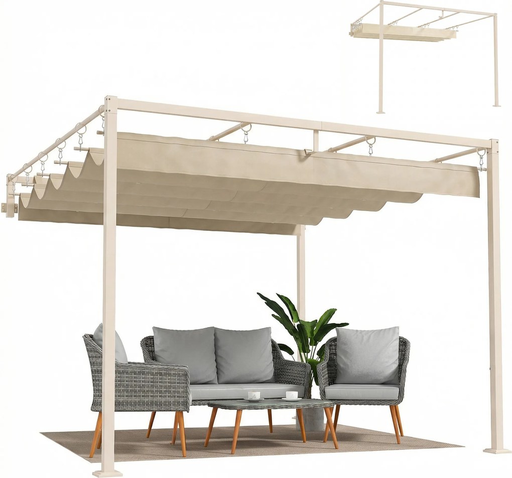 Outsunny Pergolă de perete pentru grădină 3x3 m cu acoperiș retractabil, protecție UPF30+, drenaj, pavilion de grădină pentru exterior, bej | Aosom Romania