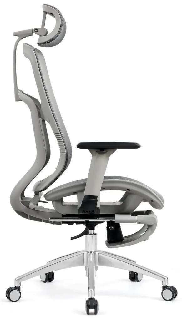 Scaun ergonomic, mecanism inclinare/blocare in 3 pozitii, tetiera reglabila, cotiere 3D, Full Mesh, Sezut Translatie, Suport picioare, Gri