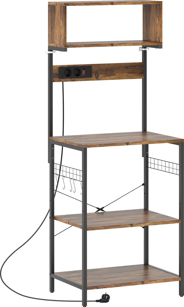 HOMCOM Raft de bucătărie, raft vertical cu 5 cârlige în S, 5 rafturi, priză, din oțel, Maro-rustic, 60 x 42 x 153 cm | Aosom Romania