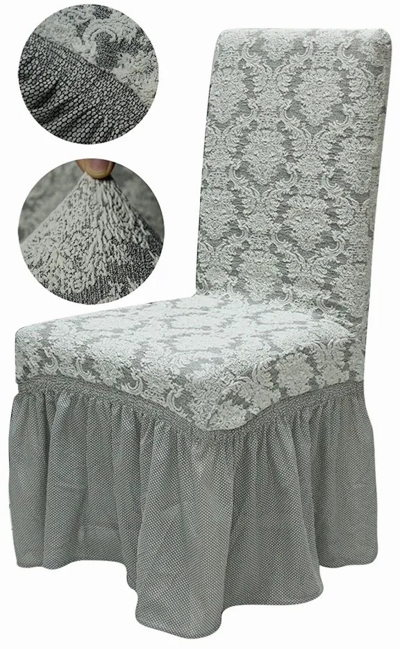 Set 6 huse elastice pentru scaune, cu volanas, model Jacquard Gri