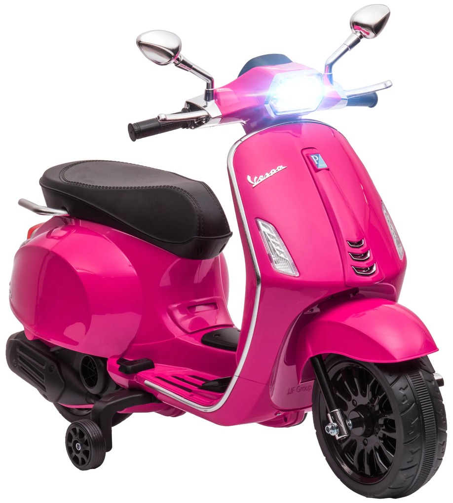 AIYAPLAY Motocicletă electrică pentru copii Vespa 6V, Muzică MP3 Port USB Faruri 2 roți de antrenare, dim. 107L x 47l x 73H cm Roz | Aosom Romania