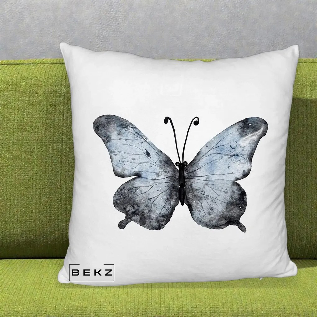 Perna Decorativa Fluture Acuarela Albastru-Gri, 40x40 cm, Alb Pufos, Husa Detasabila, Perna Inclusa, BEKZ®