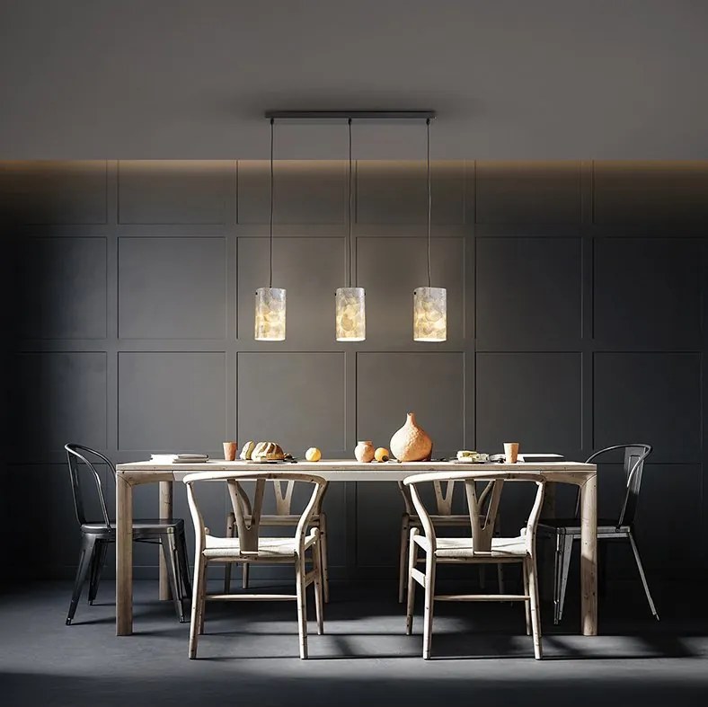 Lustra cu 3 pendule metal negru, sidef alb Nakar