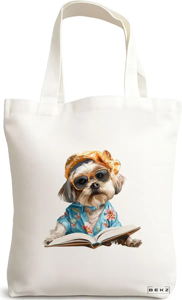 Sacosa de Panza pentru Cumparaturi, Geanta Tote, model Reading puppy 14 38 x 34.5 cm, Alba, BEKZ®