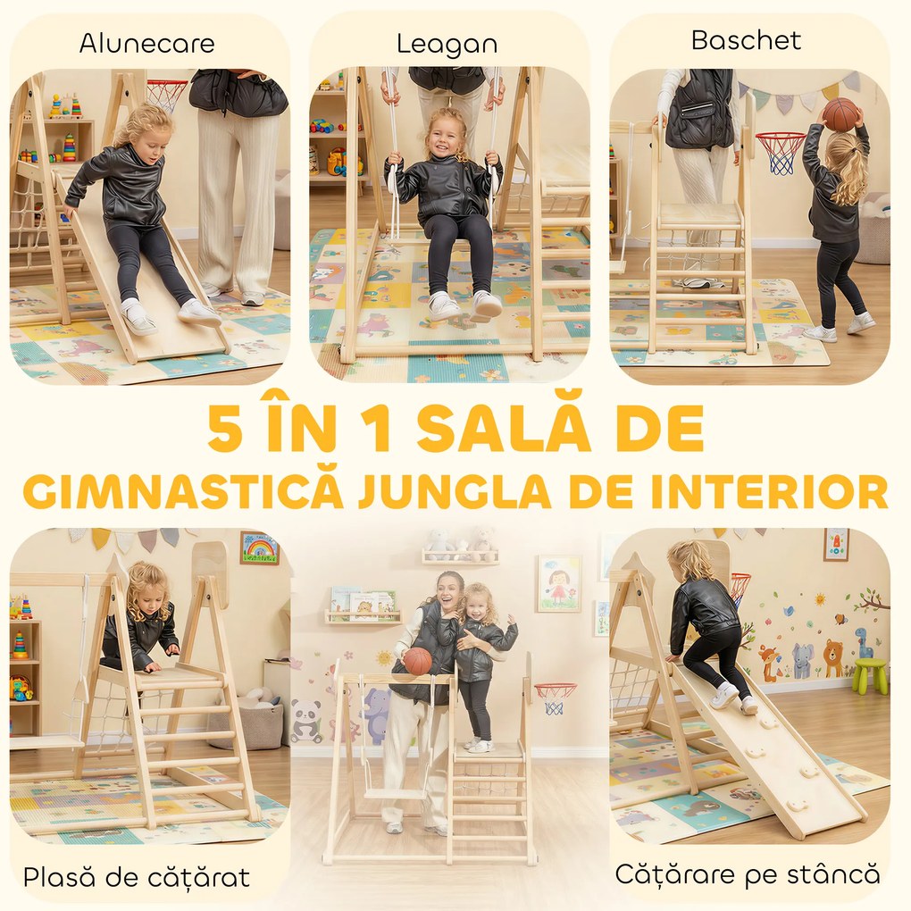 AIYAPLAY Set de Cățărare 5 în 1 cu Tobogan, 2 Pereți de Cățărare, Leagăn și Coș de Baschet, din Lemn, 140x172.5x116.5 cm | Aosom Romania