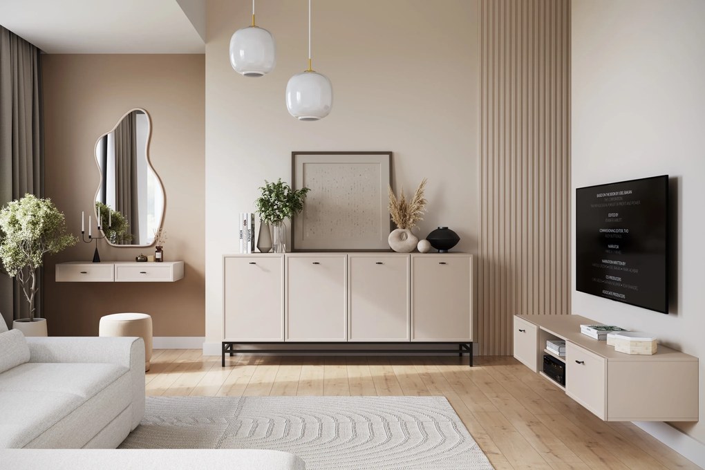 Comodă TV suspendată Lorini 150 cm cu sertare - culoare cașmir / mânere negre tip T-bar