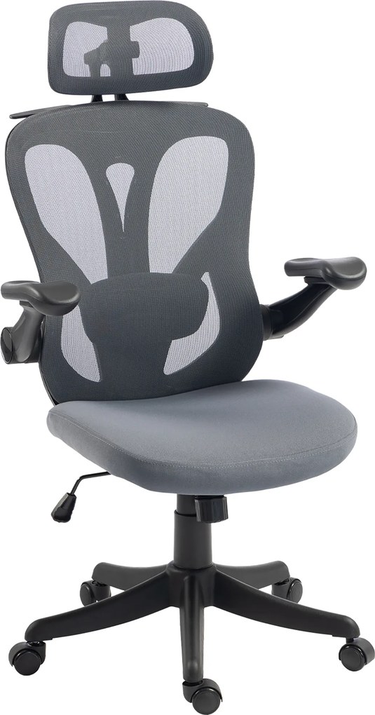 HOMCOM Scaun de Birou Ergonomic cu Tetieră 2D, Cotiere 3D, Înălțime Reglabilă, Mesh Respirabil, Gri Închis | Aosom Romania