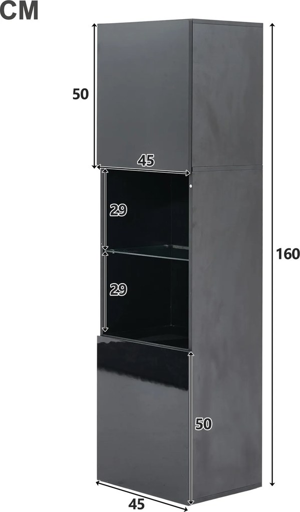 Vitrină lucioasă cu iluminare LED, 1 raft de sticlă, 45x35x160 cm, Negru