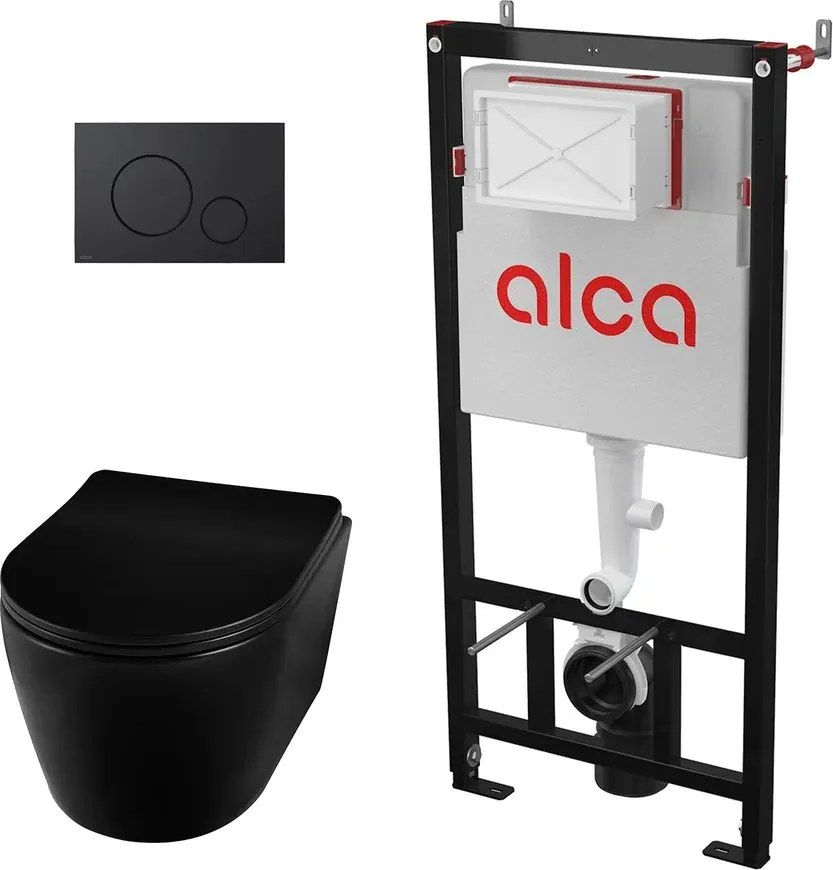 Pachet vas wc suspendat Balneo Luxa, capac softclose, rama instalare Alcadrain si clapeta Alcadrain negru mat
