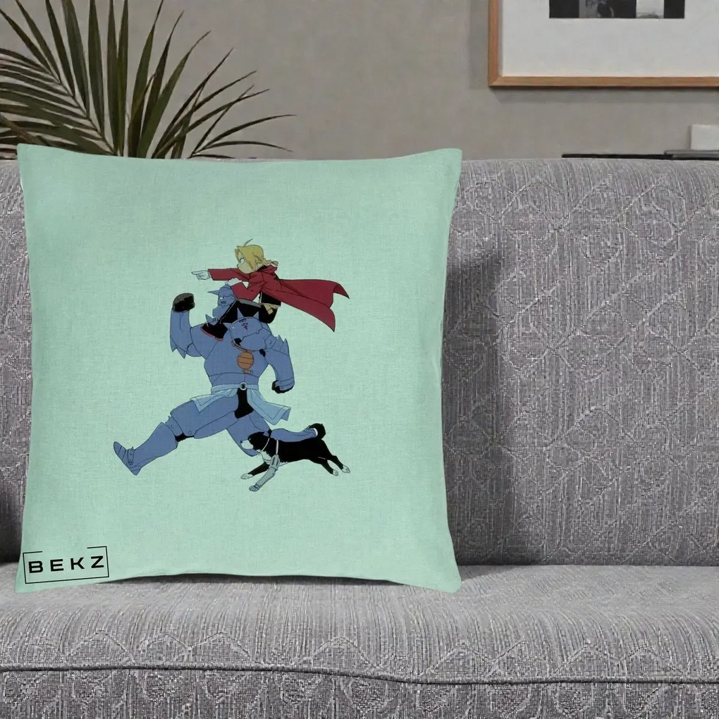Perna Personalizata Fullmetal Alchemist Edward si Alphonse, 40x40 cm, Verde Menta, Husa Detasabila, Perna Inclusa, BEKZ®