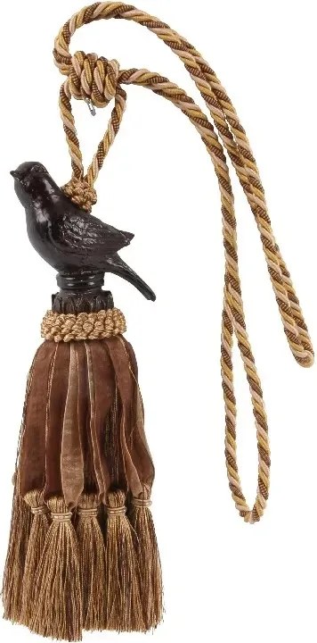 Ciucure decorativ din material textil, maro, cu panglici din catifea, pasăre decorativă și buclă din șnur auriu, 62 cm, „Rossignol”